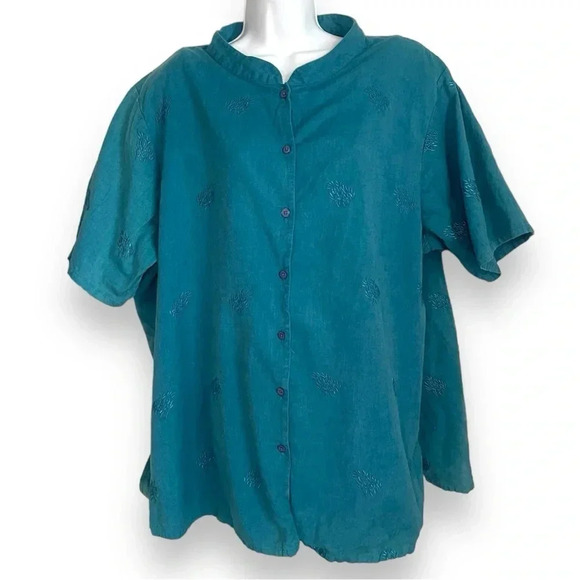 Silhouettes 4X Teal Button-Front Blouse with Shoulder Pads & Embroidered Detail - Picture 1 of 6